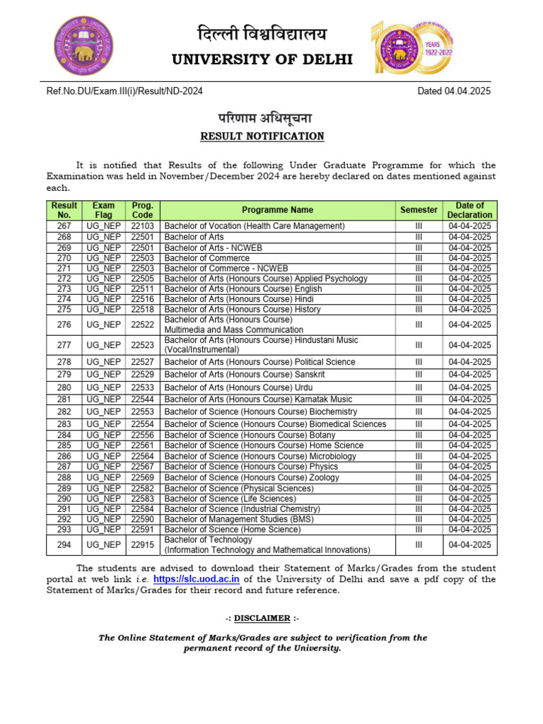 Delhi University UG Results Notification | PDF | Bachelor Of Arts ...