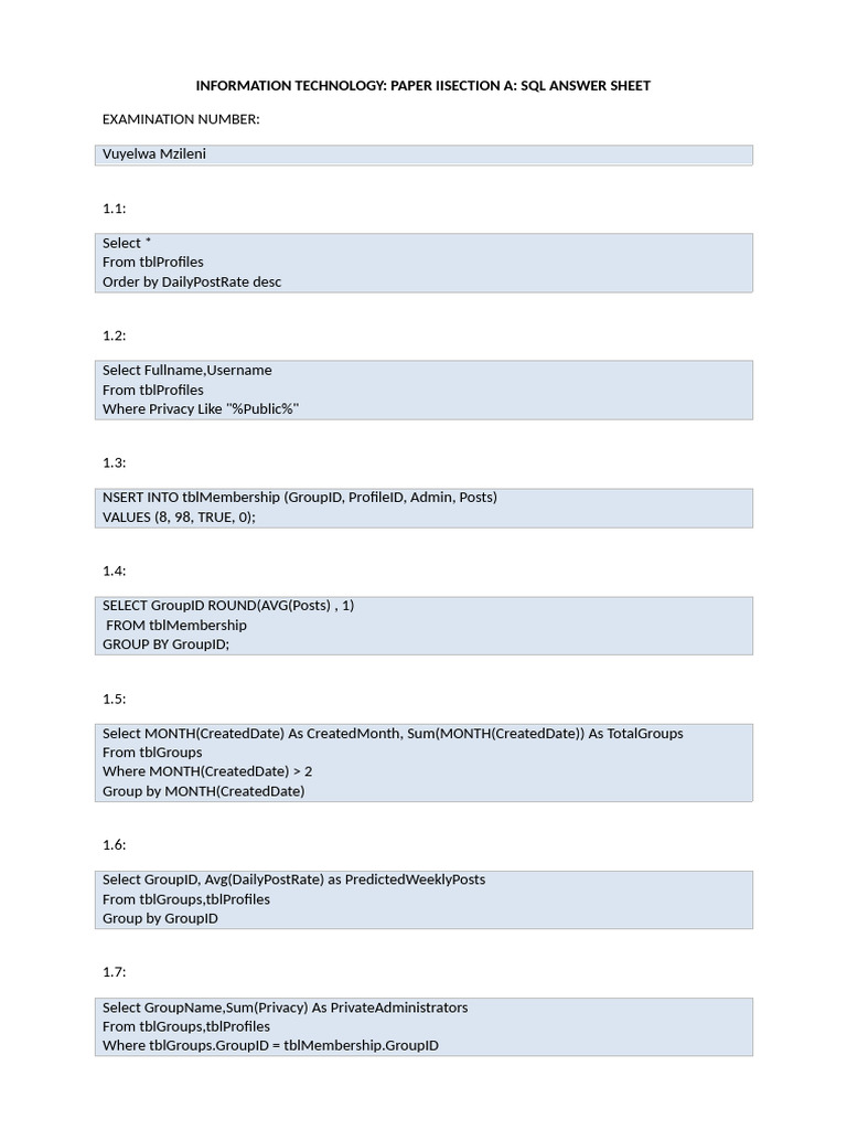SQL Exam Answer Sheet for IT Paper II | PDF