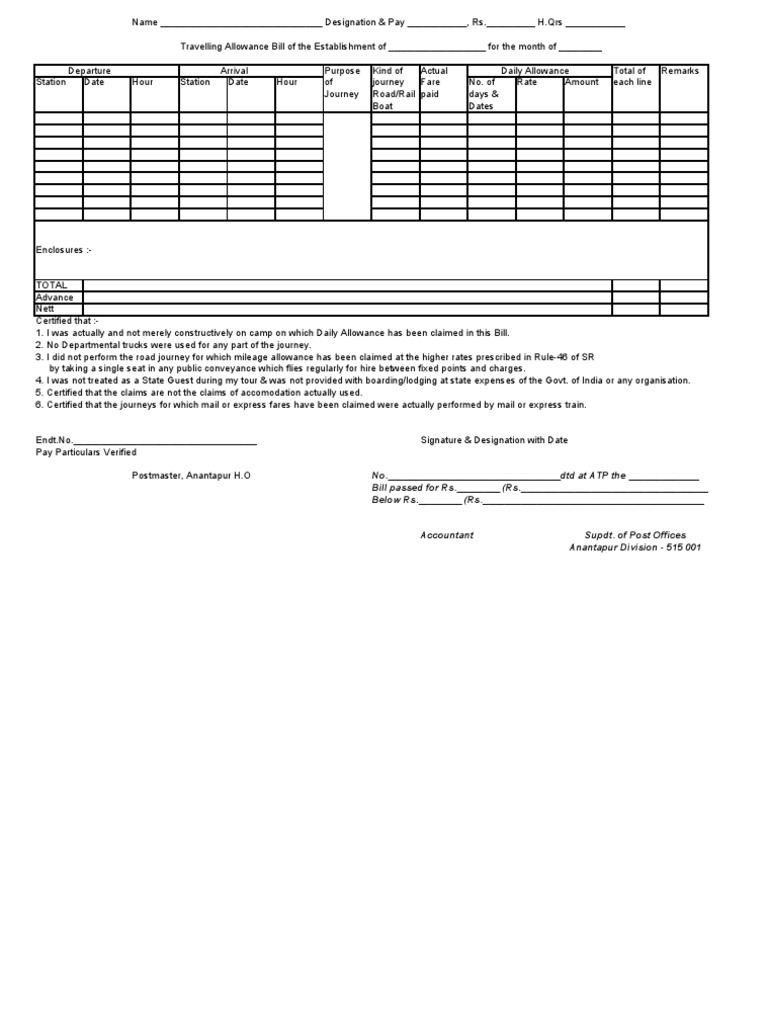 TA Bill for Central Government Employees Format Service Industries