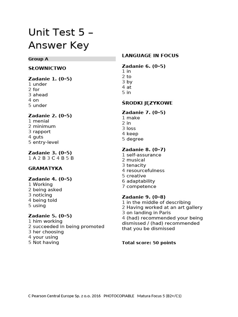 Unit Test 5 - Answer Key - Group A | PDF