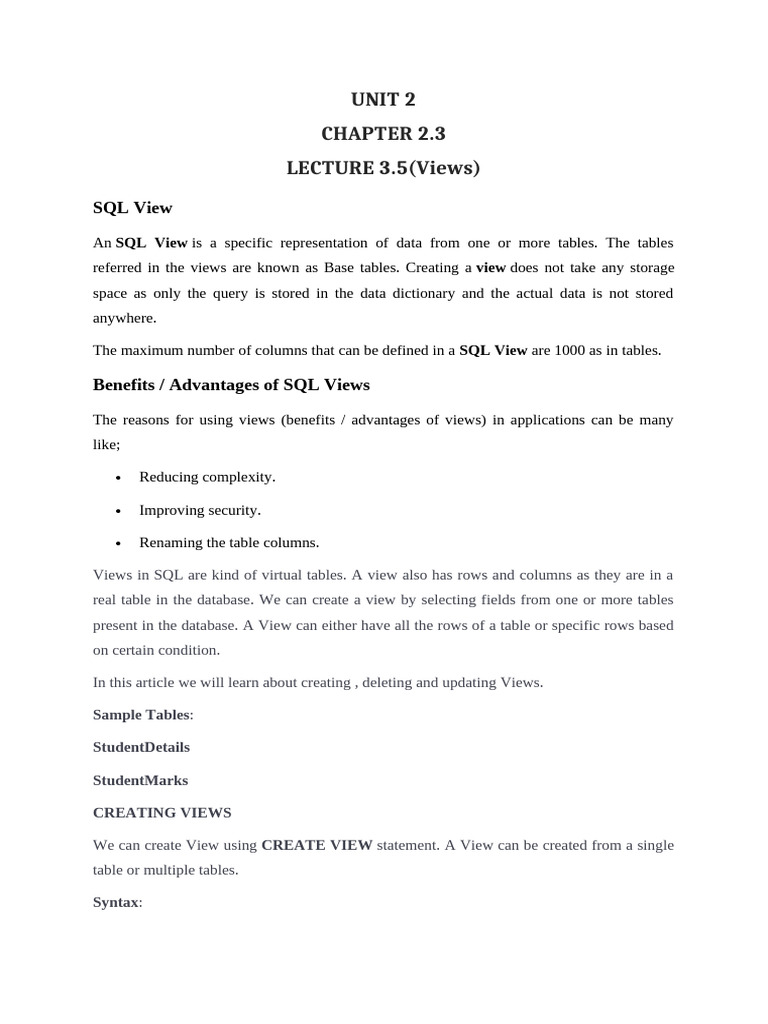 Notes Chapter 2.3 Lecture 2.3.5 (Views) | PDF | Table (Database) | Sql