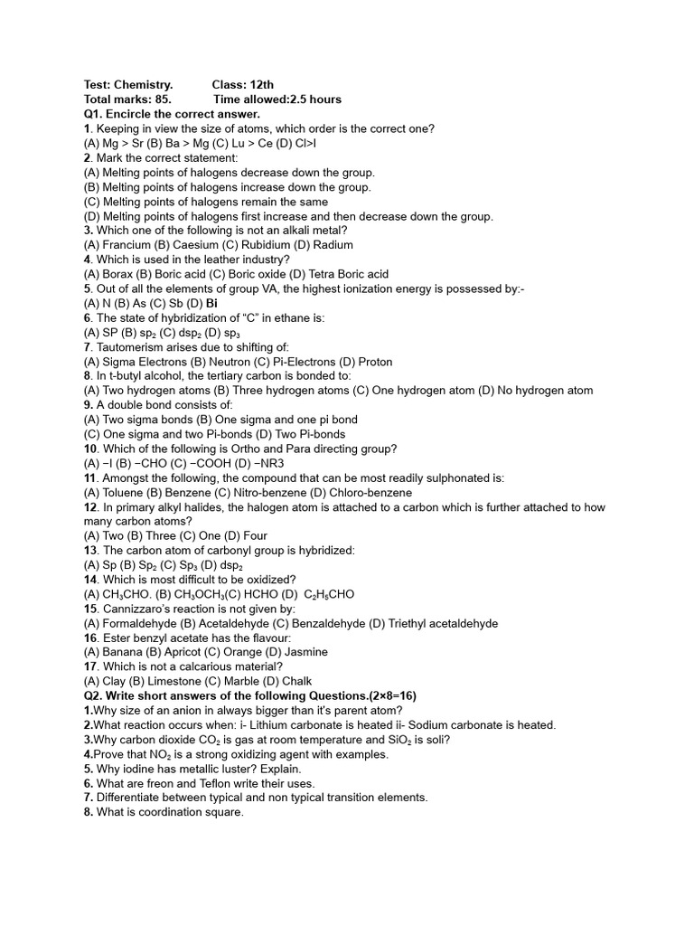12th Grade Chemistry Test Questions | PDF | Acid | Chemical Reactions