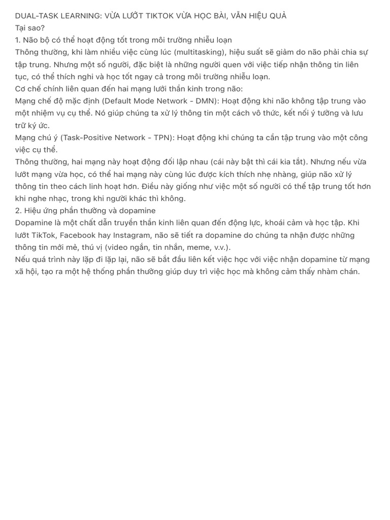 Dual-Task Learning Vừa Lướt Tiktok Vừa Học Bài, Vẫn Hiệu Quả | PDF