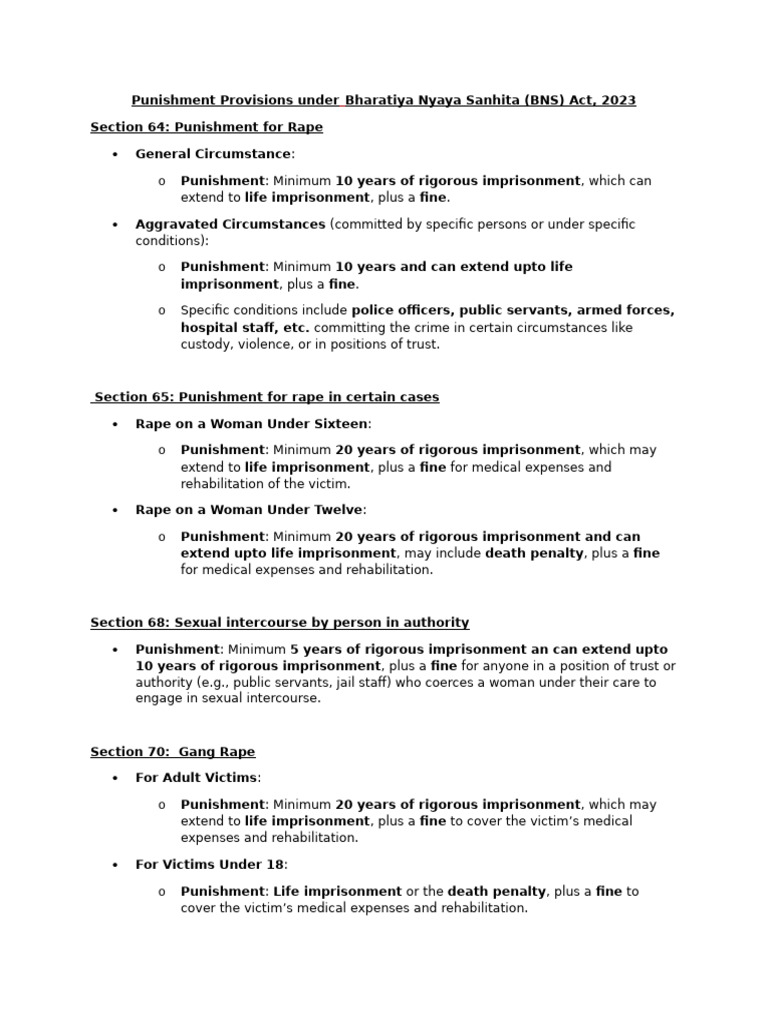 BNS Act 2023: Punishments for Sexual Crimes | PDF | Rape | Punishments