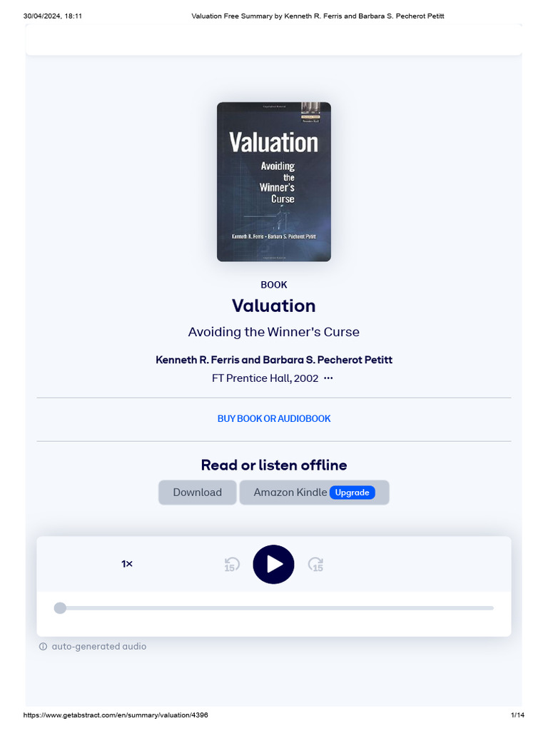 Valuation Free Summary by Kenneth R. Ferris and Barbara S. Pecherot Petitt  | PDF | Valuation (Finance) | Mergers And Acquisitions