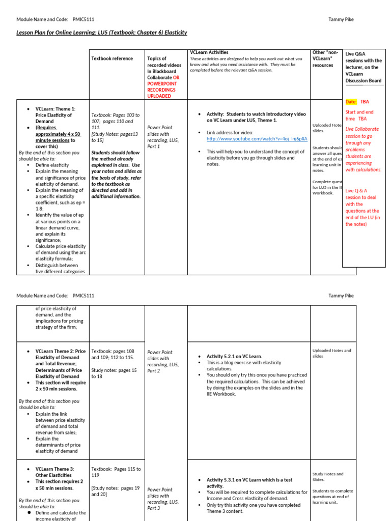 VCLearn Lesson Plan: Elasticity Module | PDF | Demand | Price ...