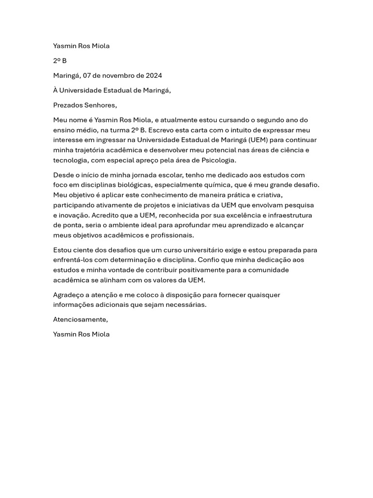 Carta de Interesse para UEM - Yasmin Miola | PDF