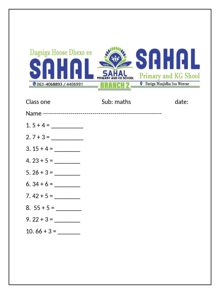 Class One Math Addition Worksheet | PDF
