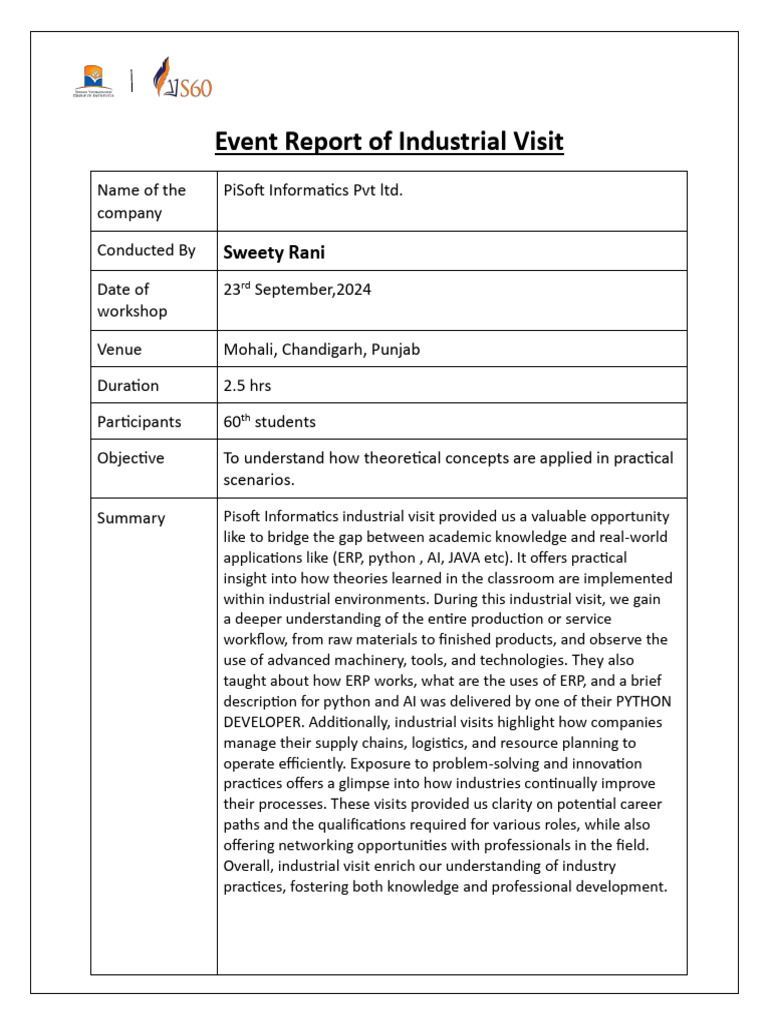 Industrial Visit Report Pisoft Insights Pdf