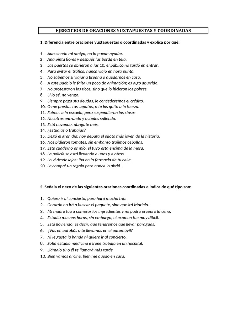 Ejercicios de Oraciones Coordinadas y Yuxtapuestas | PDF | Artería | Vena