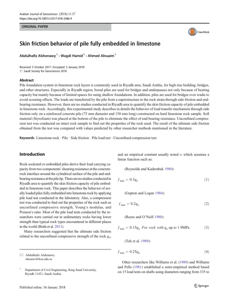Skin Friction in Limestone Pile Foundations | PDF | Strength Of ...