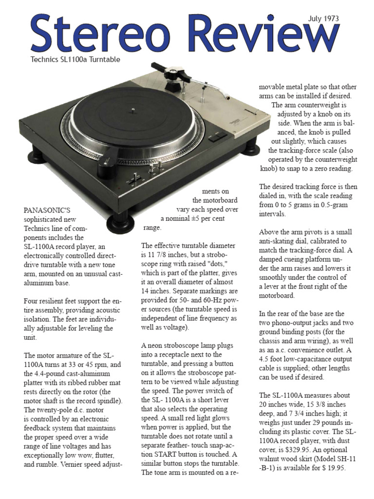 Technics SL-1100A Turntable Review | PDF | Sound Production Technology ...