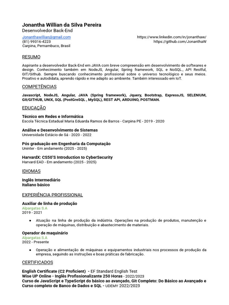 Desenvolvedor Back-End em JAVA e NodeJS | PDF
