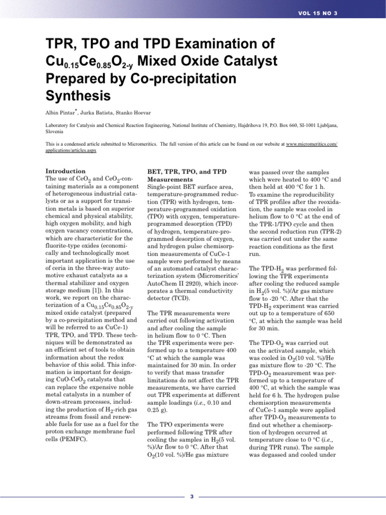 TPR, TPO and TPD Examination of Cu0.15 Ce0.85 O2-Y Mixed Oxide Catalyst ...