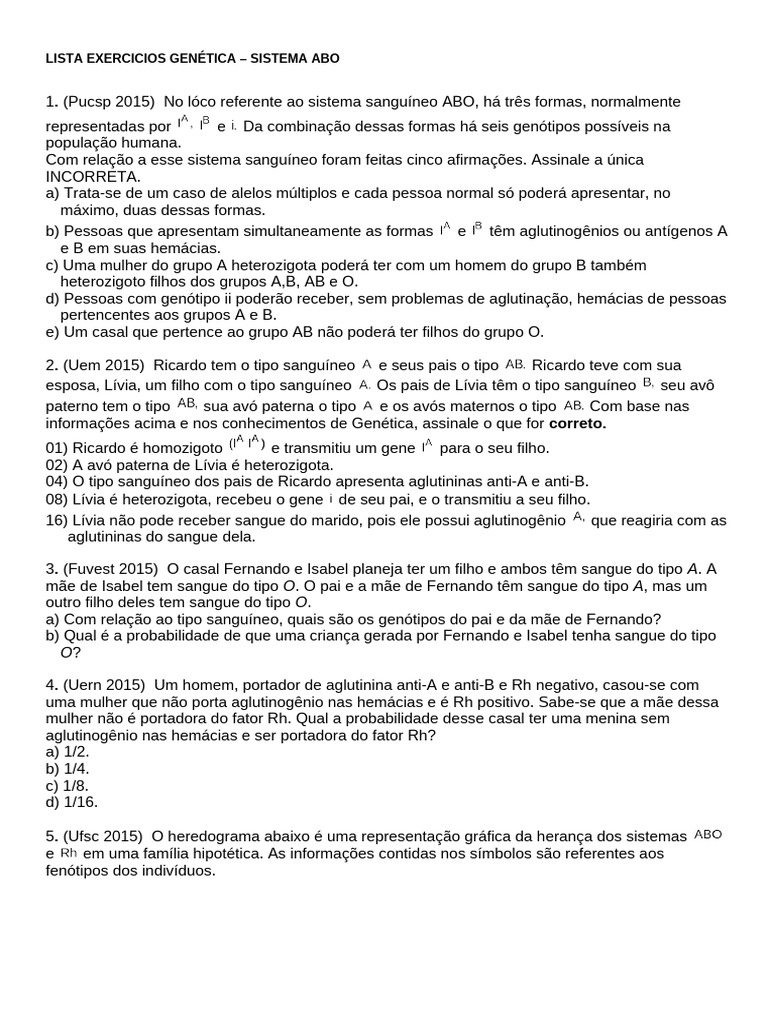 Exercícios de Genética: Sistema ABO | PDF | Tipo sanguíneo | Doenças e ...