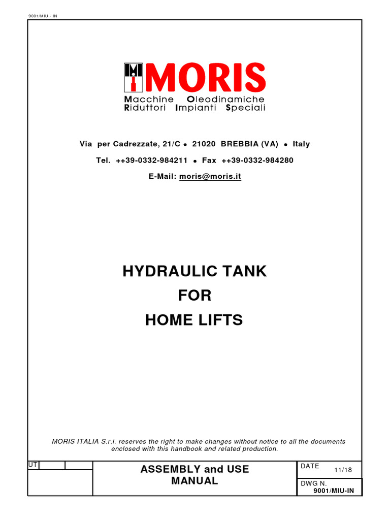 Hydraulic Tank Manual for Home Lifts | PDF | Valve | Manufactured Goods