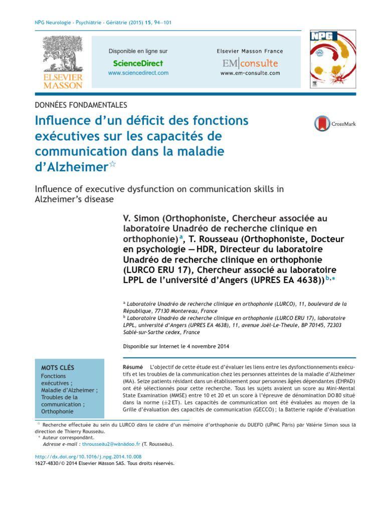 Déficit exécutif et communication Alzheimer | PDF | Maladie d'Alzheimer ...