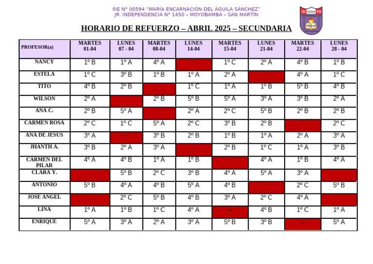 Horario de Refuerzo Secundaria 2025 | PDF