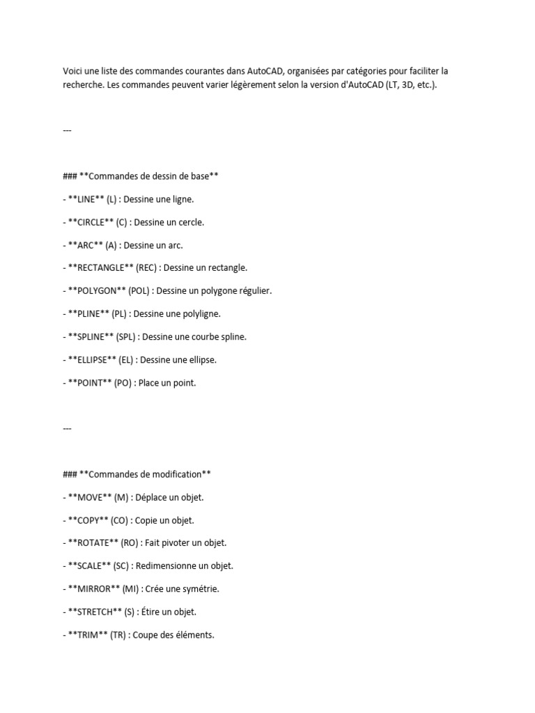 Liste des commandes courantes AutoCAD | PDF | AutoCAD | Géométrie ...