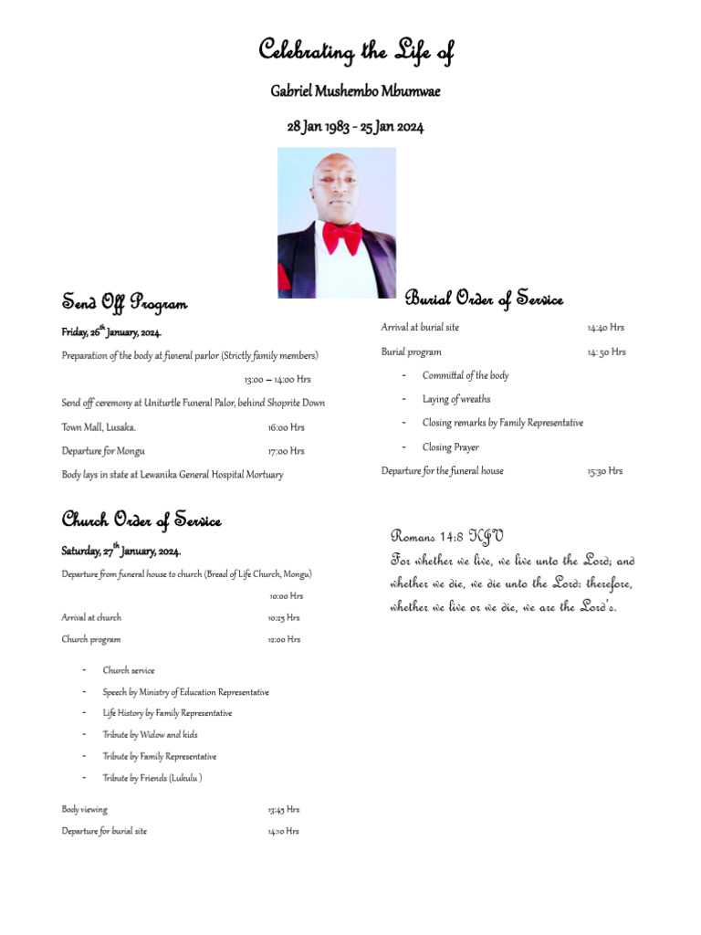 Burial Program - Gabby 27.1.24 Edited | PDF | Funeral | Ceremonies