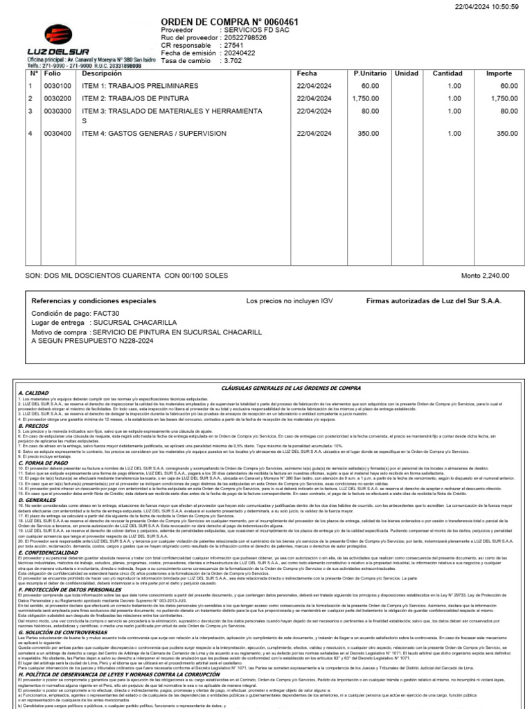 Orden de Compra Servicio de Pintura | PDF | Arbitraje | Daños y perjuicios