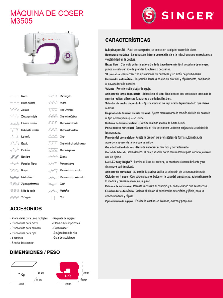 Especificaciones Singer M3505 | PDF | Máquina de coser