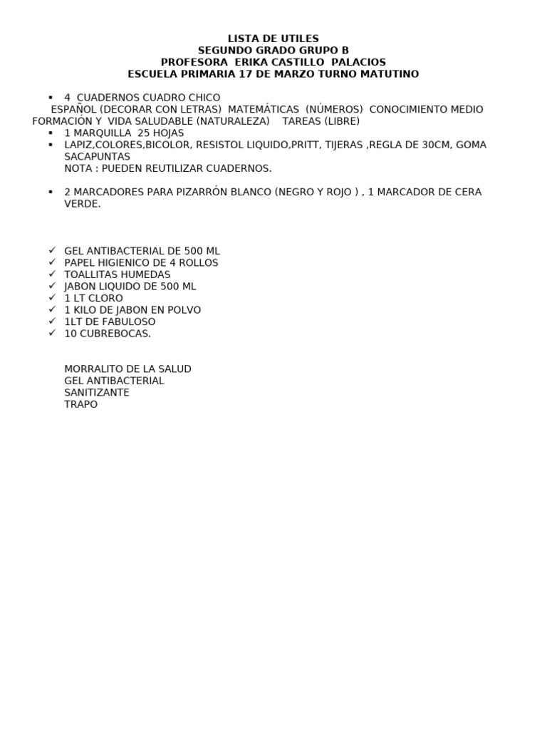 Lista de Utiles Segundo B | PDF