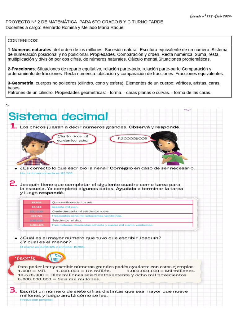 Proyecto #2 de Matemática para 5to Grado B y C Turno Tarde | PDF ...