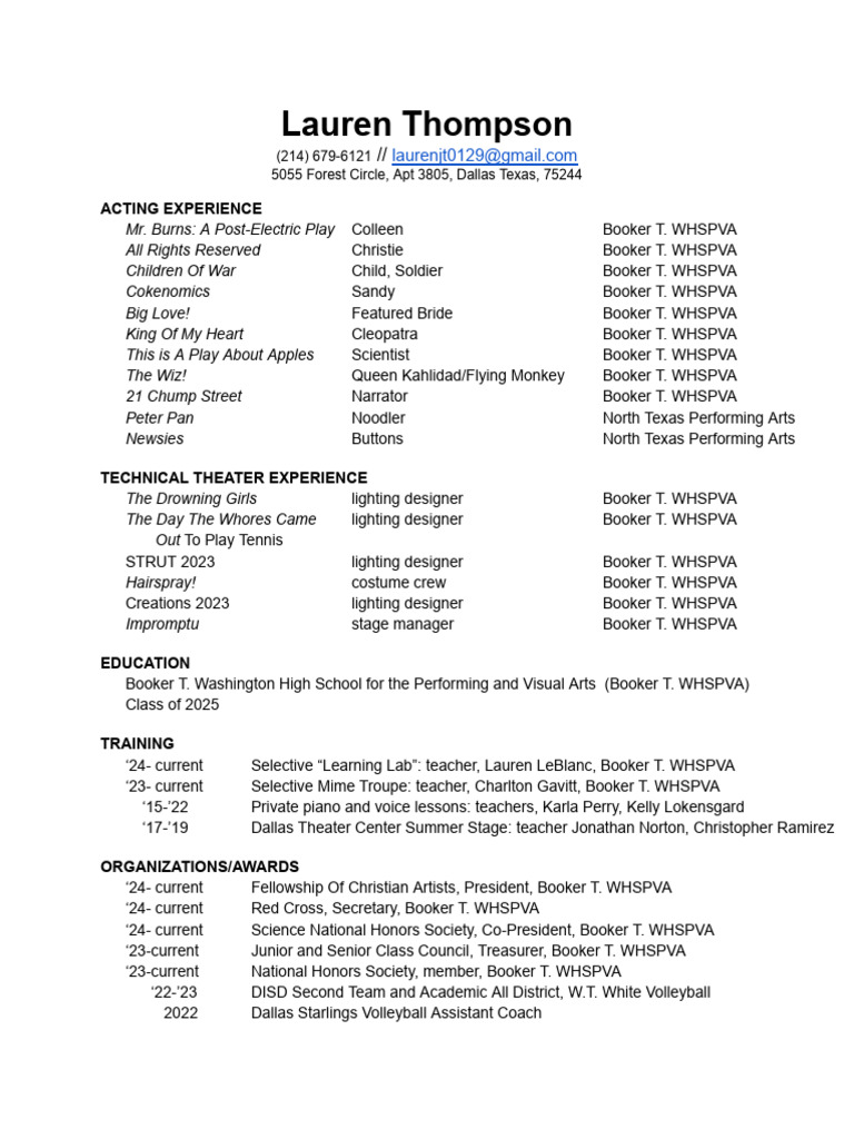 Image showcasing Theater Resume Senior Year Made To Template | PDF