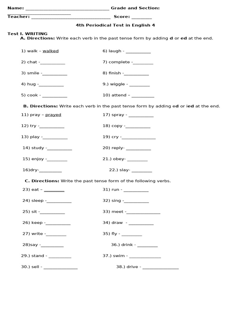 English 4 Past Tense Test Worksheet | PDF | Question | Sentence ...