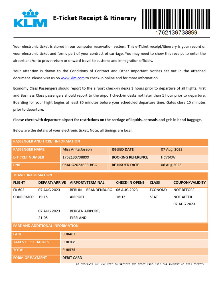 E-Ticket Receipt & Itinerary Details | PDF