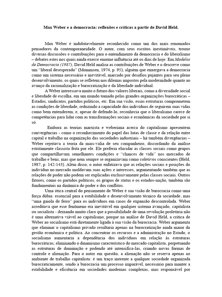 Weber e a Democracia: Críticas de Held | PDF | Burocracia | Max Weber