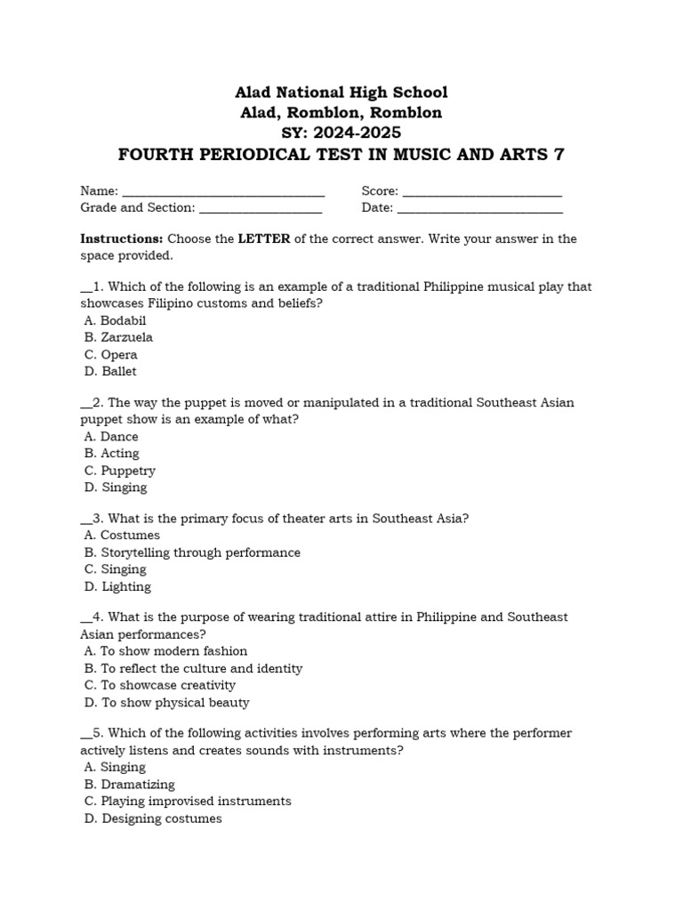 Fourth Periodical Test in Music and Arts 7 | PDF | Performing Arts | Dances