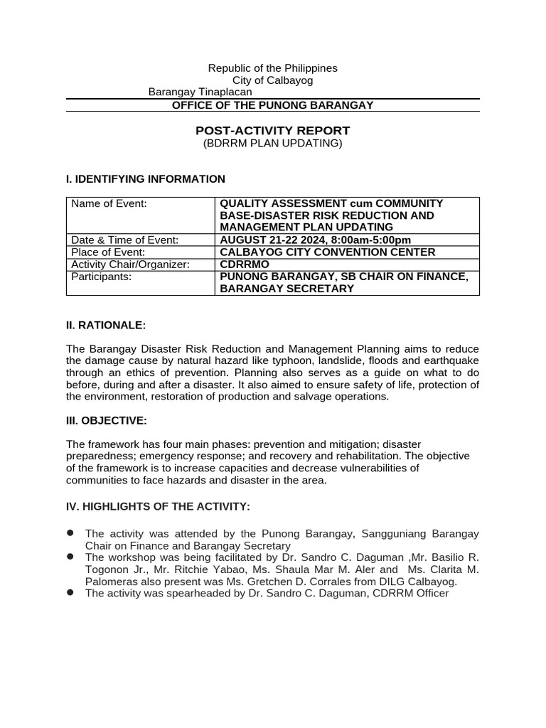Tinaplacan BDRRM Plan Update Report | PDF | Emergency Management | Risk ...