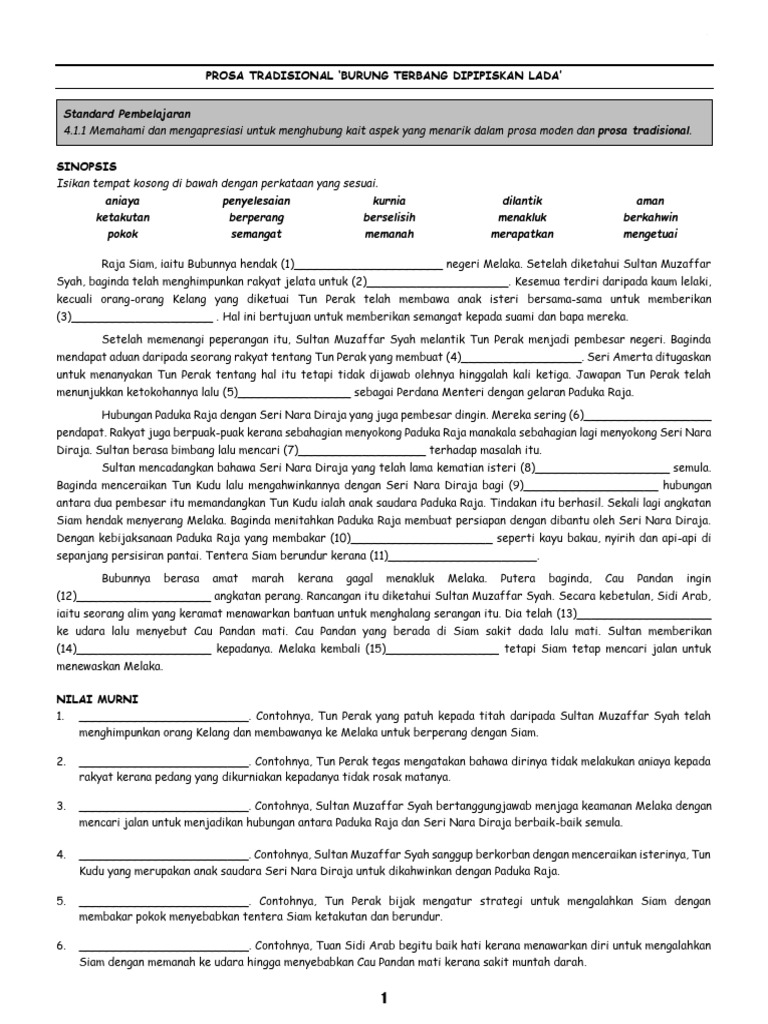 SENI BAHASA Prosa Tradisional Burung Terbang Dipipiskan Lada (1) - 1-2 ...