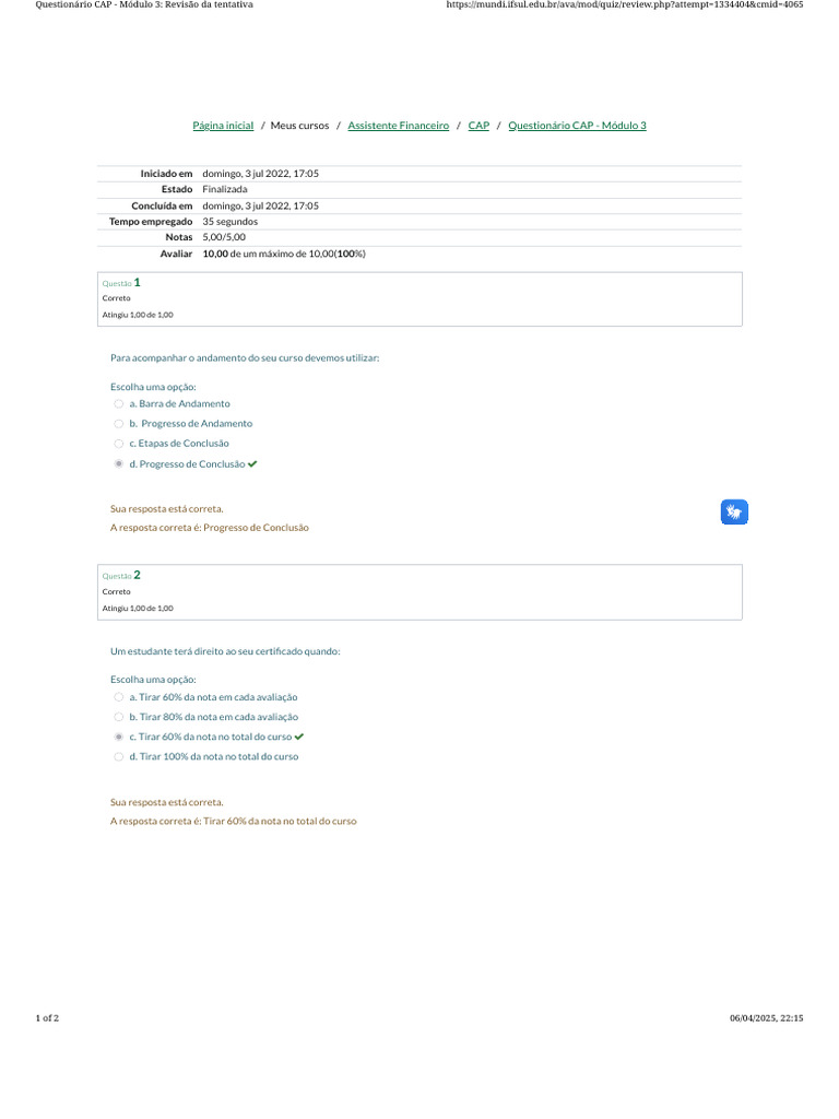 Questionário CAP Módulo 3: Resultados e Avaliação | PDF