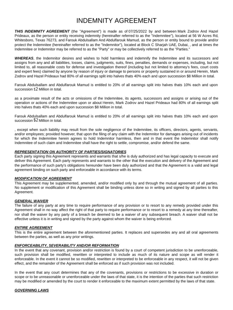 Indemnity Agreement Between Parties | PDF | Indemnity | Legal Liability