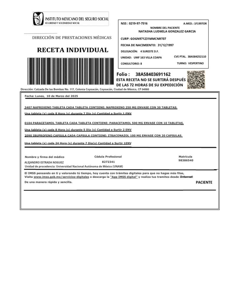 Receta IMSS: Detalles y CVE PTAL | PDF