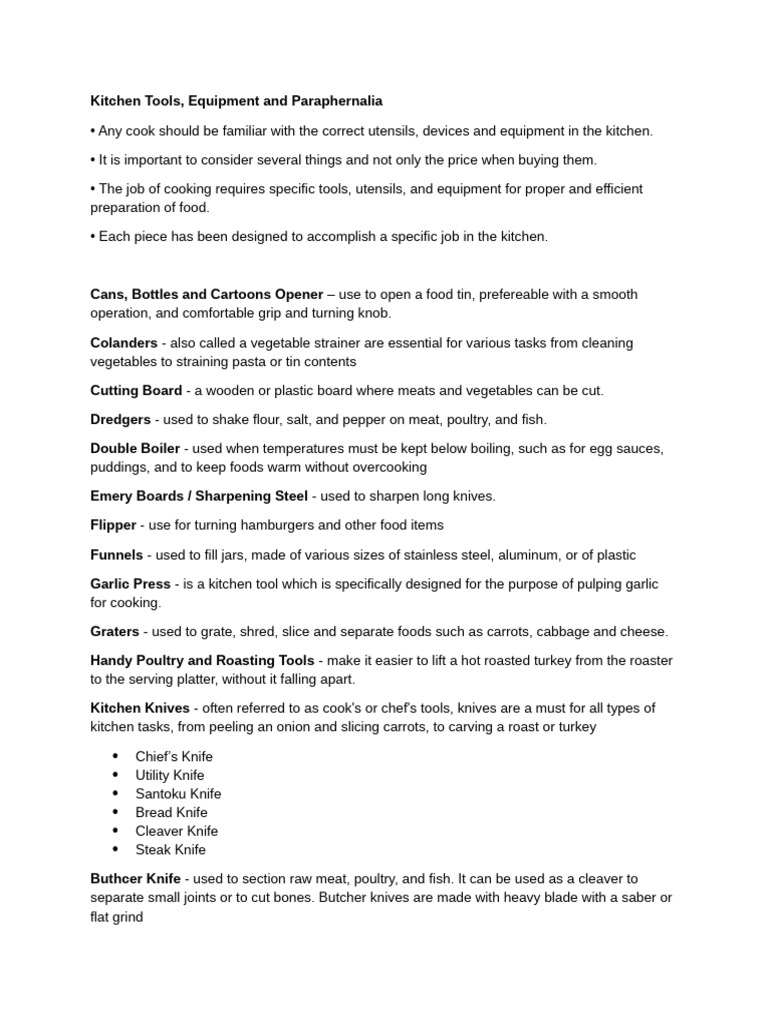 Kitchen Tools, Equipments and Paraphernalia | PDF | Knife | Cooking