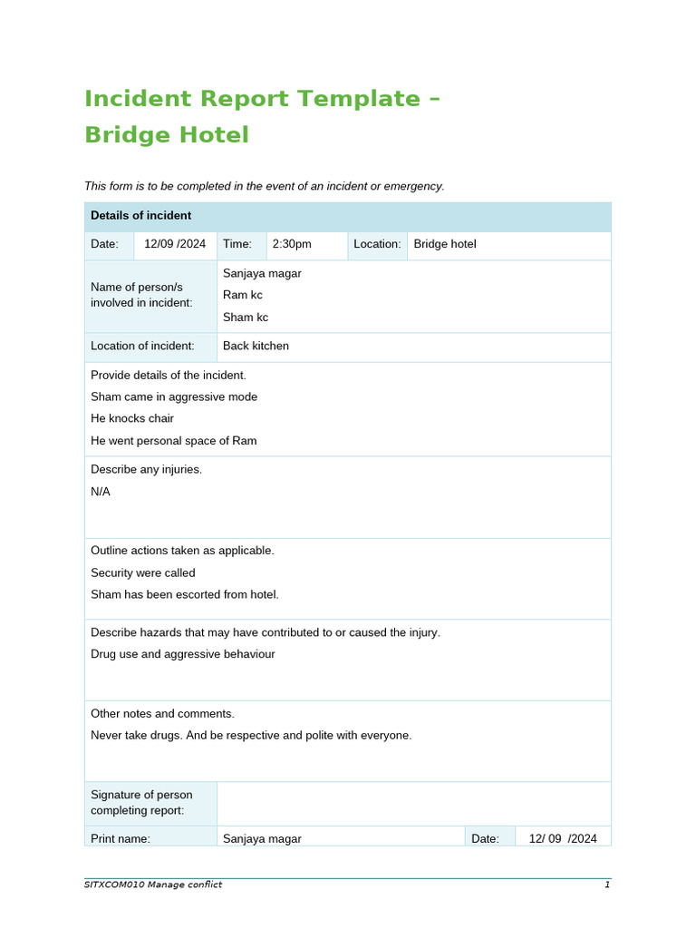 Bridge Hotel Incident Report Template | PDF