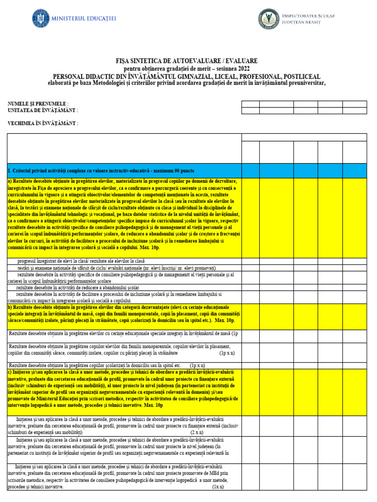 Fisa Autoevaluare PROFESORI - 2022 | PDF