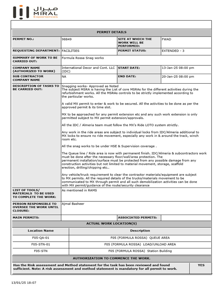Formula Rossa Snag Work Permit 98849 | PDF | Risk Assessment | Safety