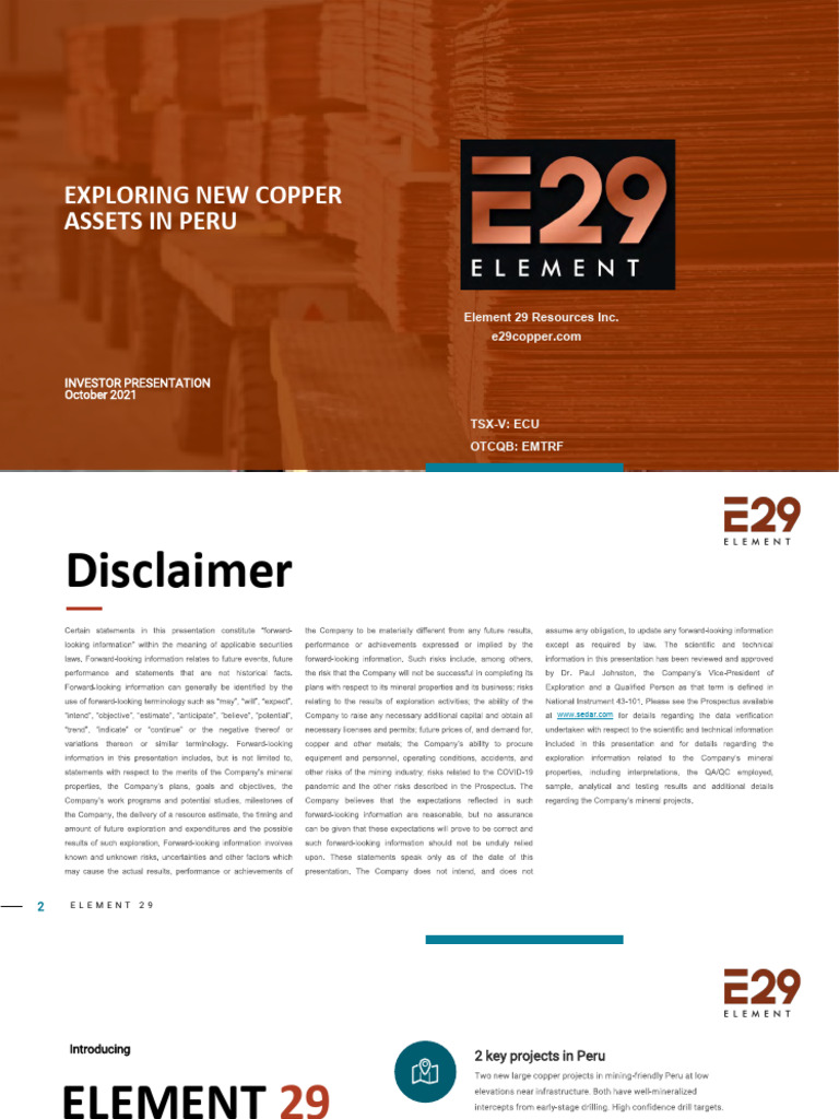 Element 29's Copper Projects in Peru | PDF | Copper | Mining
