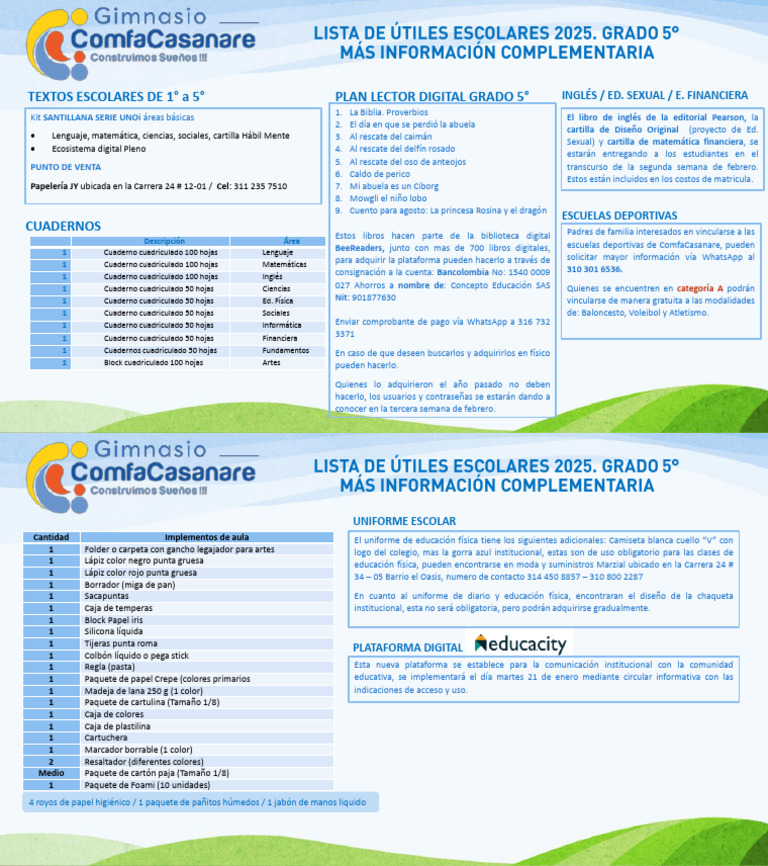Lista de útiles escolares 2025 - Grado 5 | PDF