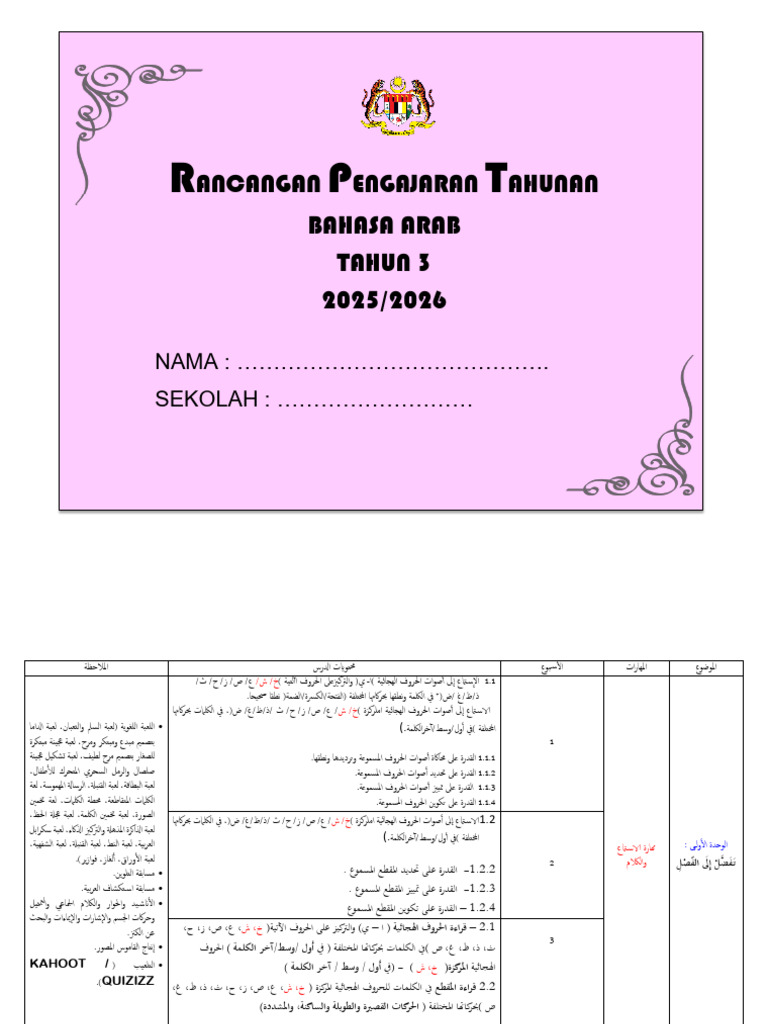 RPT Bahasa Arab Tahun 3 Semakan 2017 Kegunaan Feb 2025 - Jan 2026 | PDF