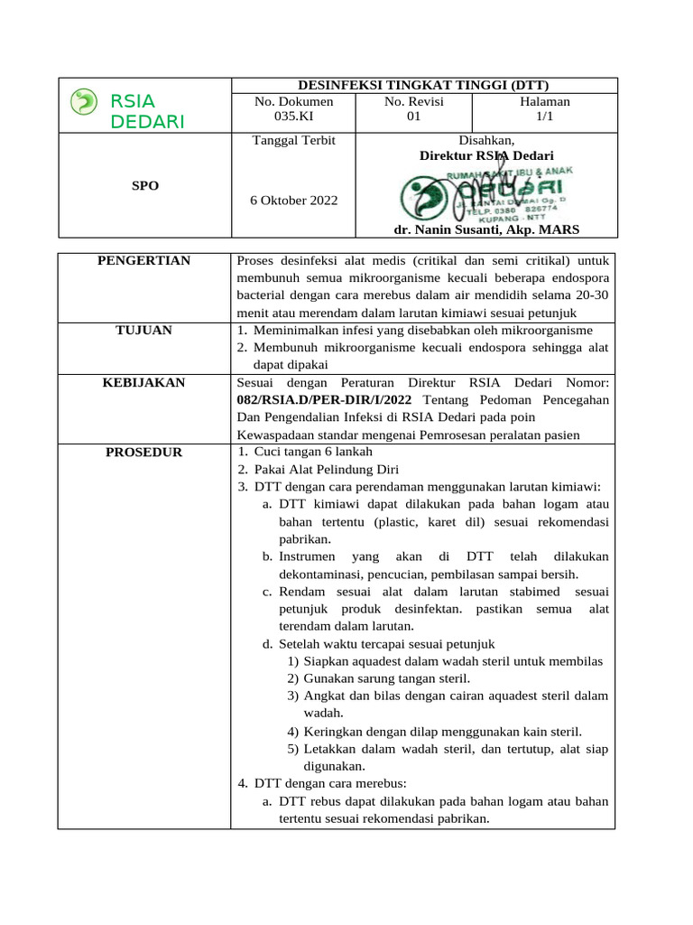 Prosedur Desinfeksi Alat Medis DTT | PDF