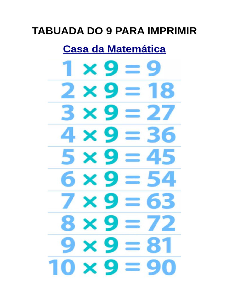 Tabuada de Vezes Ou Multiplicar Do 9 para Imprimir | PDF