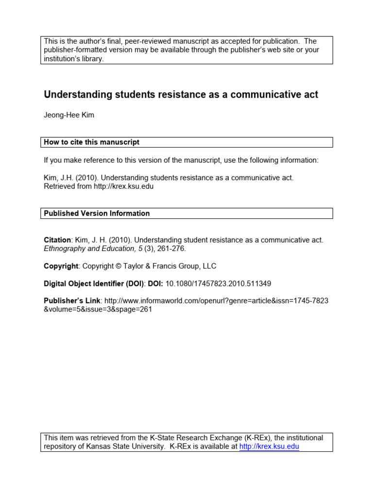 Understanding Student Resistance As A Co | PDF | Ethnography | Adolescence