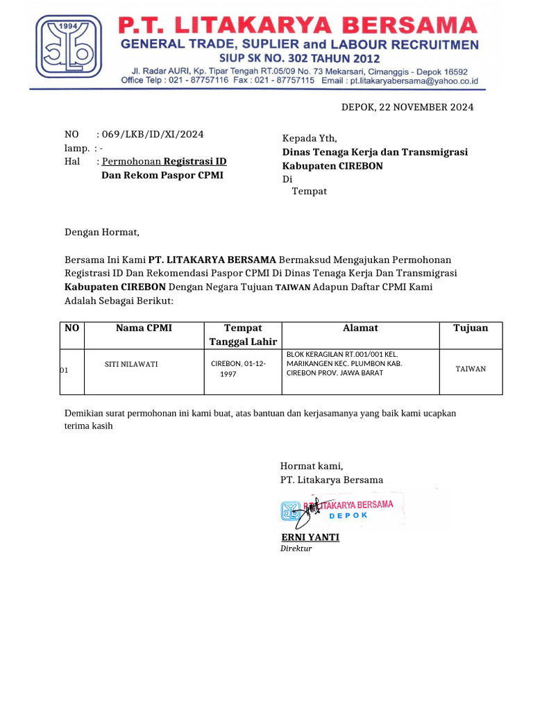 Permohonan Registrasi ID CPMI Cirebon | PDF