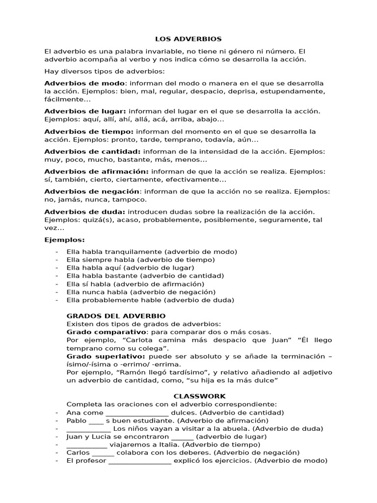Tipos y usos de los adverbios | PDF | Adverbio | Tipología Lingüística